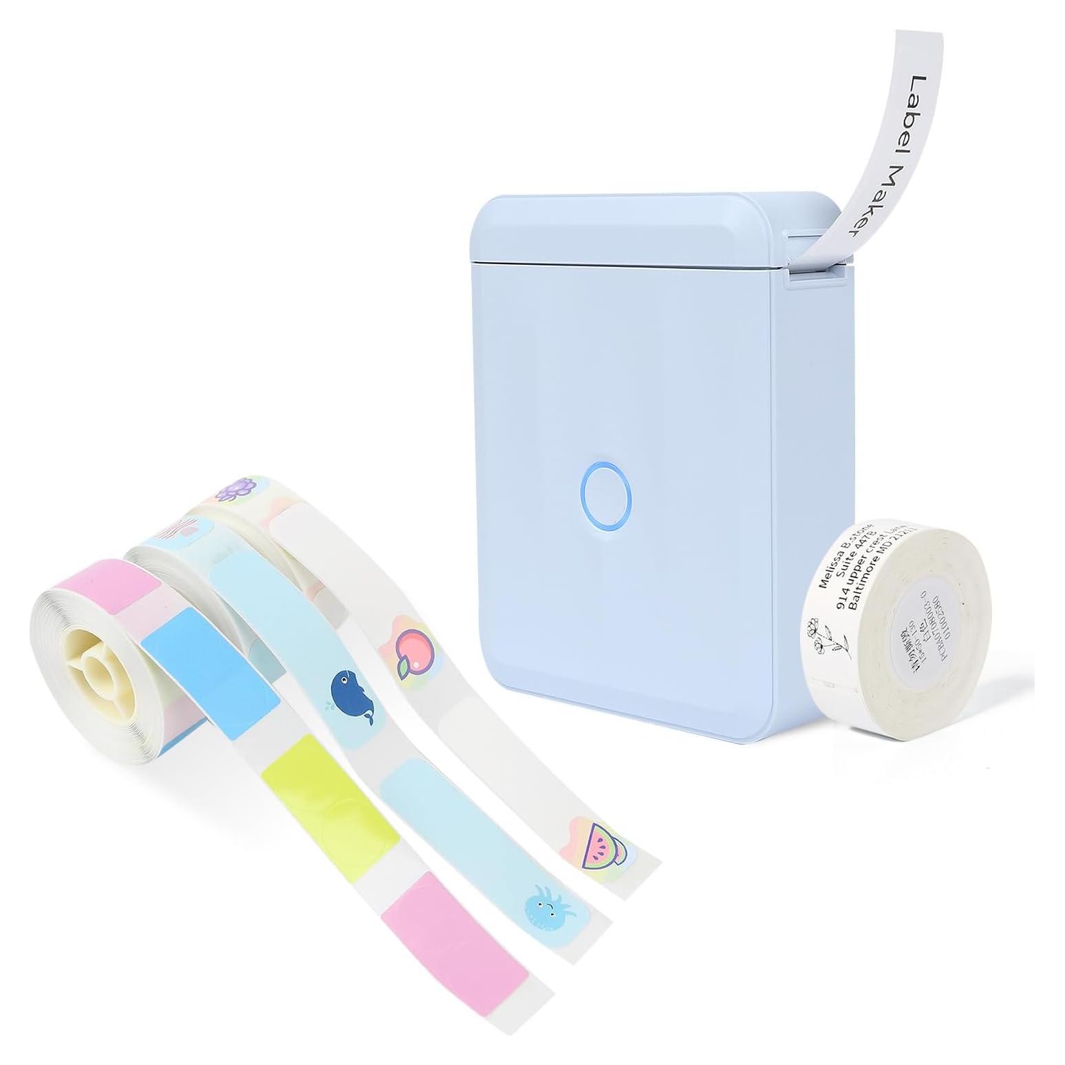 LMASBLTER D110M Blue Label Maker Machine with Tape+3 Rolls Mini Round,Fruit,Cute Fish Label Maker Tape
