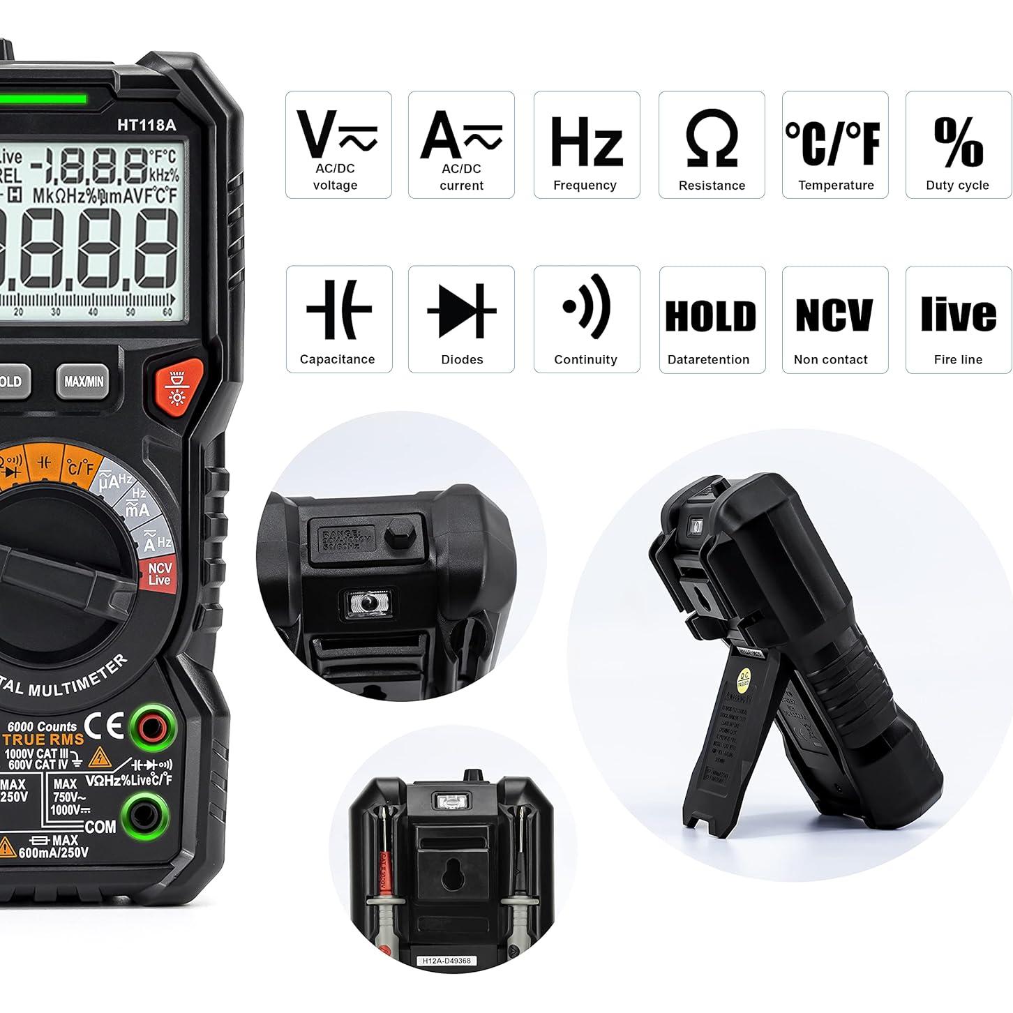 Multímetro Digital KAIWEETS HT118A 6000 Cuentas Auto-Rango
