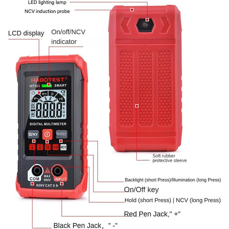 Multímetro Digital HABOTEST HT123 con Pantalla LED y Detección de Voltaje