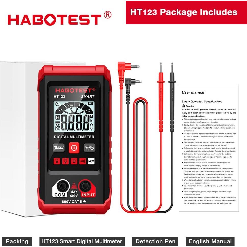 Multímetro Digital HABOTEST HT123 con Pantalla LED y Detección de Voltaje