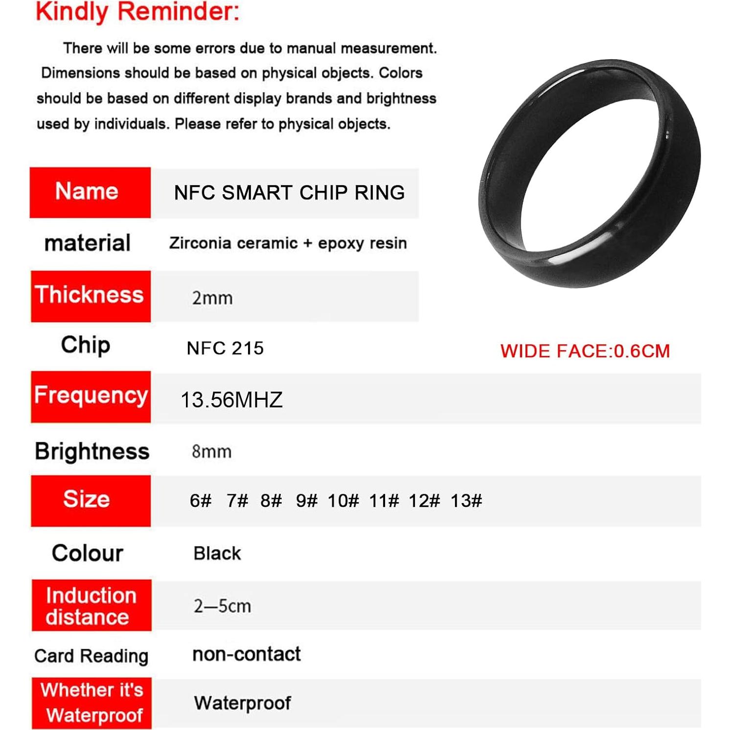 Anillo NFC HECERE Cerámico Negro 6# Impermeable 215 Bytes