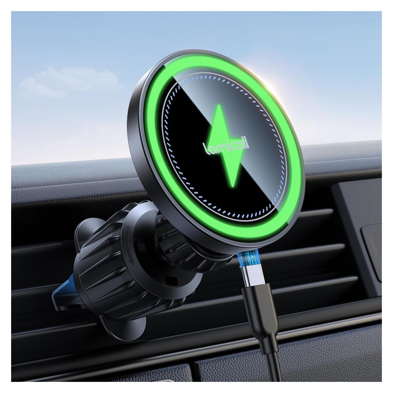 Soporte Cargador Auto Lamicall MagSafe 15W Negro