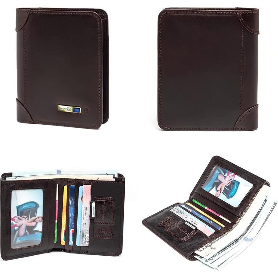 Rastreador Bluetooth para Billetera de Cuero Café - Anti-pérdida