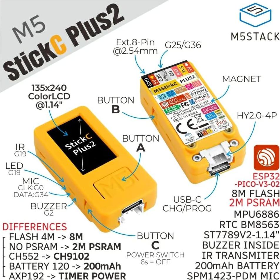 Kit de Desarrollo IoT M5Stack M5StickC PLUS2 ESP32-PICO-V3-02