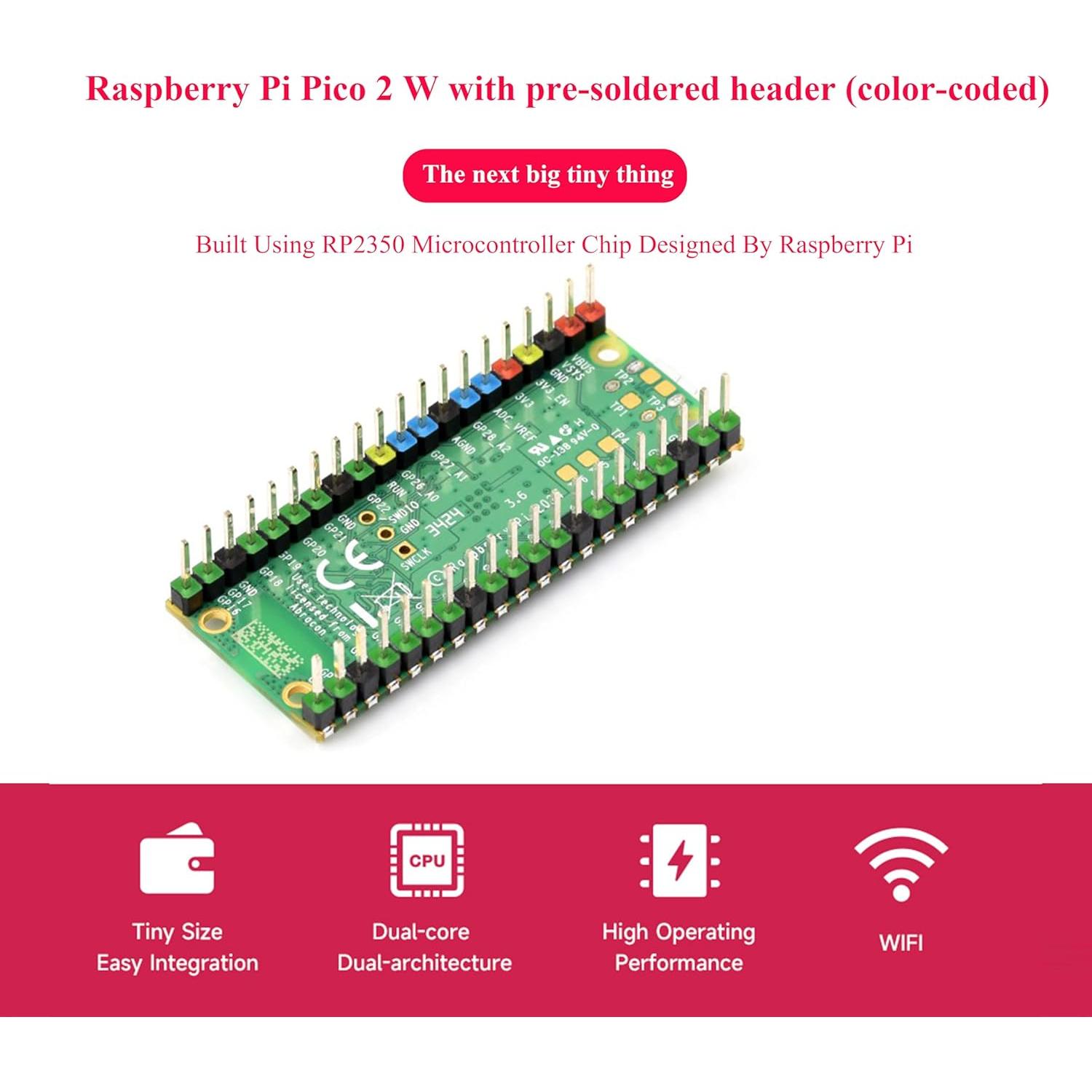 Placa Raspberry Pi Pico 2 W con encabezado pre-soldado