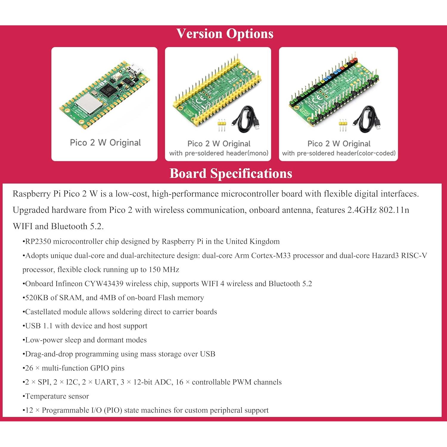 Placa Raspberry Pi Pico 2 W con encabezado pre-soldado