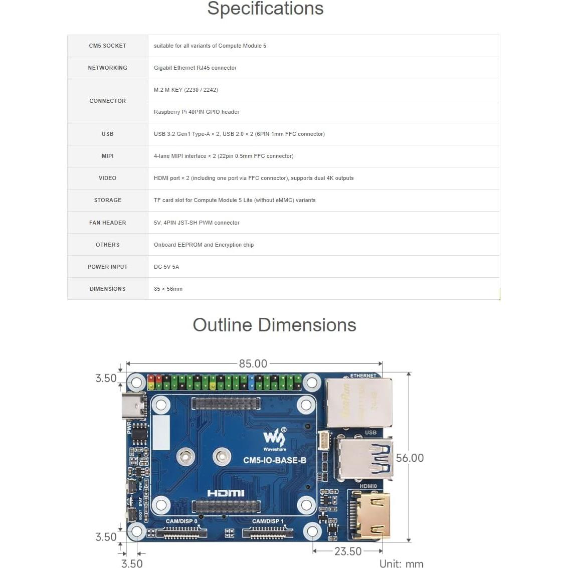 Mini Base Board Waveshare para Raspberry Pi CM5 - Compacta