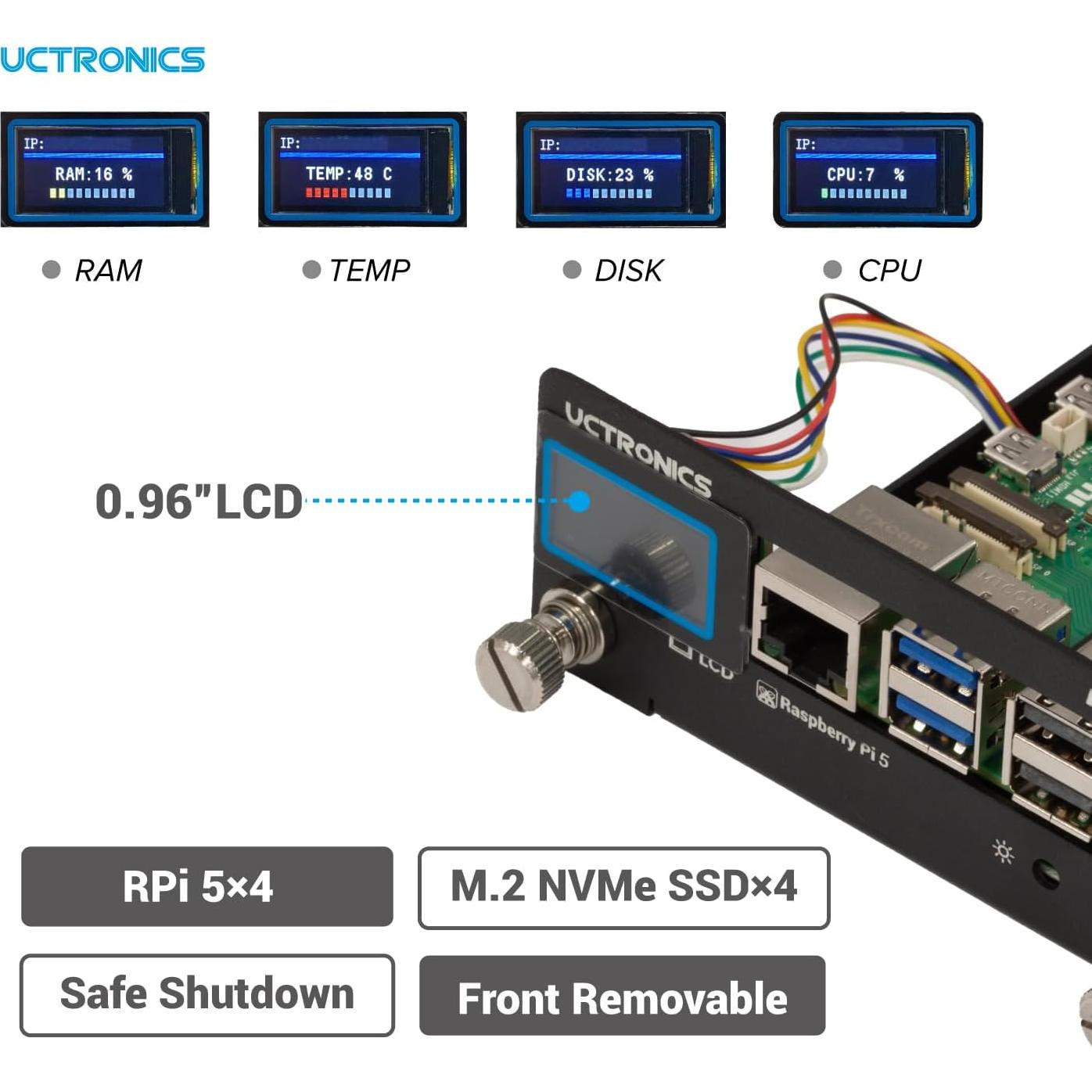 Rack NVMe UCTRONICS para Raspberry Pi 5 con 4 SSD M.2