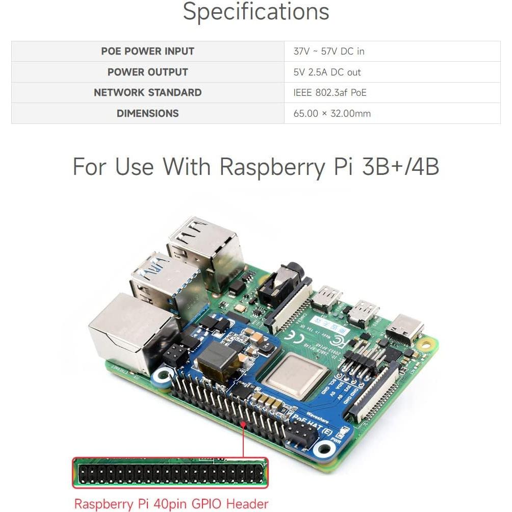 Waveshare PoE HAT (E) para Raspberry Pi 3B+/4B 802.3af