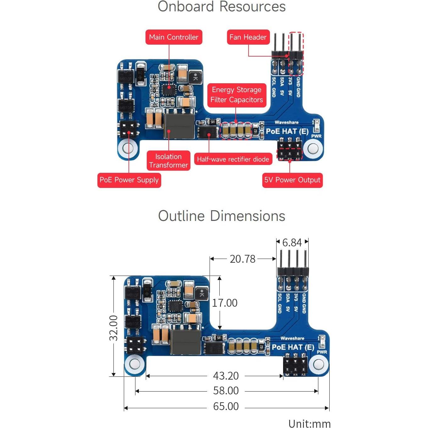 Waveshare PoE HAT (E) para Raspberry Pi 3B+/4B 802.3af