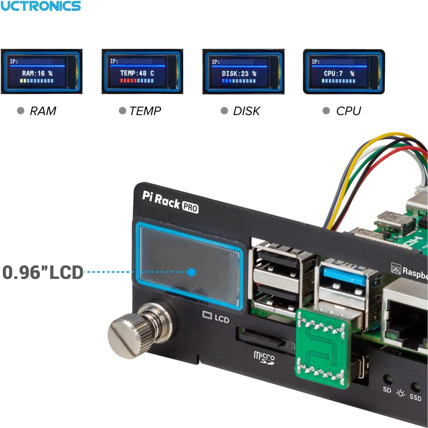 UCTRONICS Rack Pro para Raspberry Pi 4B, 4 SSD, Pantalla LCD