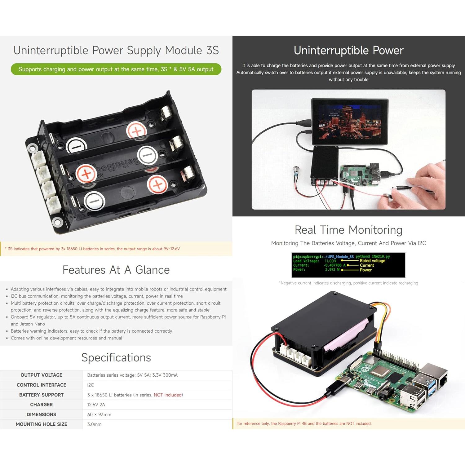 Waveshare Uninterruptible Power Supply (UPS) Module, Supports Charging and Power Output at The Same Time, 3S & 5V 5A Output, Compatible with Raspberry Pi Board