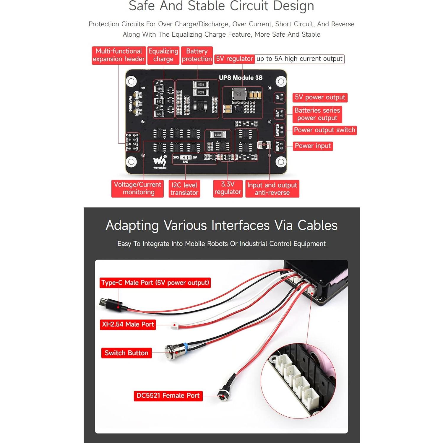 Waveshare Uninterruptible Power Supply (UPS) Module, Supports Charging and Power Output at The Same Time, 3S & 5V 5A Output, Compatible with Raspberry Pi Board