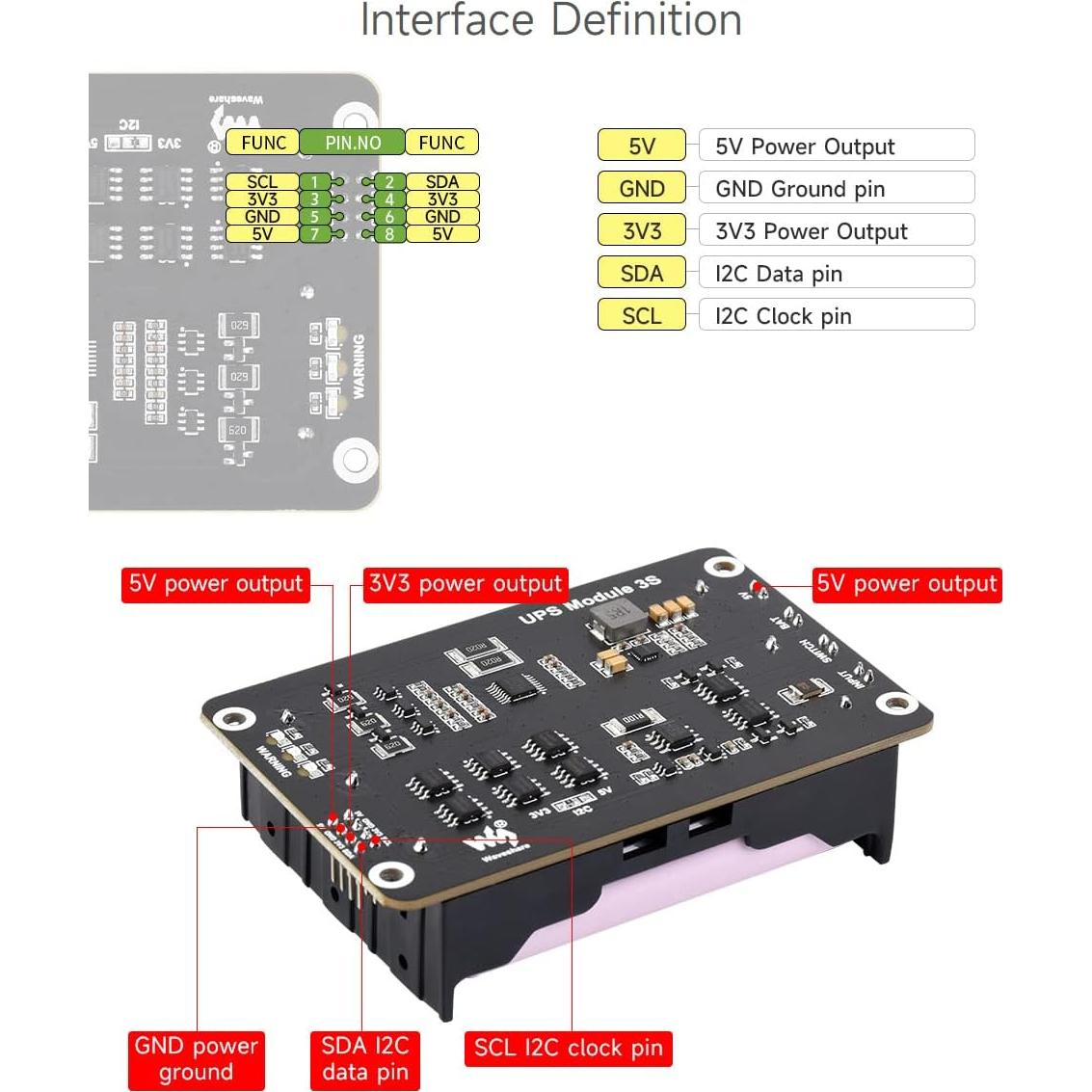 Waveshare Uninterruptible Power Supply (UPS) Module, Supports Charging and Power Output at The Same Time, 3S & 5V 5A Output, Compatible with Raspberry Pi Board