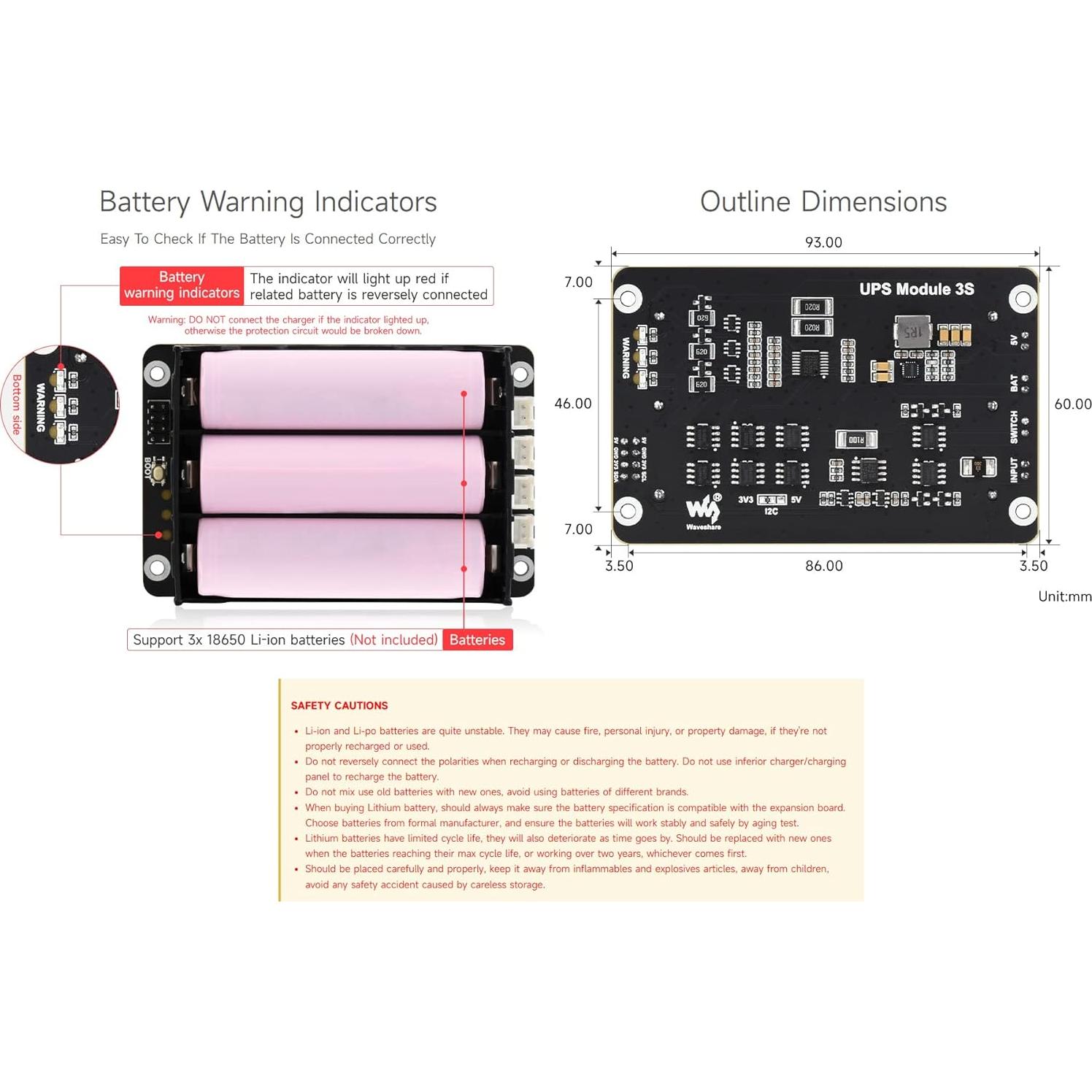 Waveshare Uninterruptible Power Supply (UPS) Module, Supports Charging and Power Output at The Same Time, 3S & 5V 5A Output, Compatible with Raspberry Pi Board