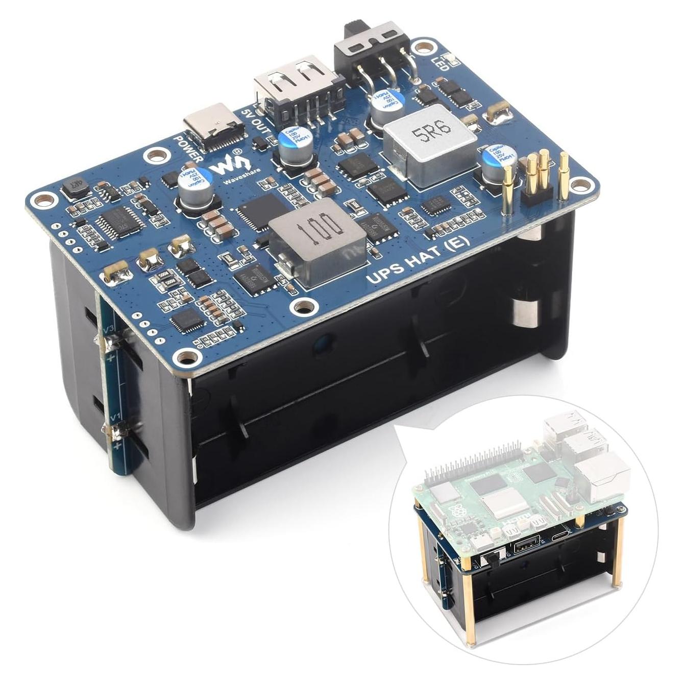 UPS HAT (E) Waveshare para Raspberry Pi 5/4B/3B+, 5V 6A