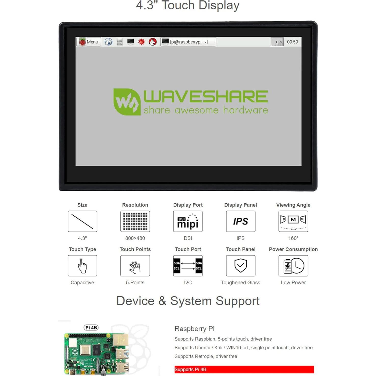 Pantalla Táctil 4.3" Waveshare para Raspberry Pi 4B IPS 800x480