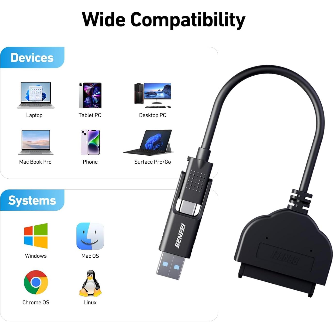 Cable SATA a USB-C/USB 3.0 BENFEI para HDD/SSD 2.5"