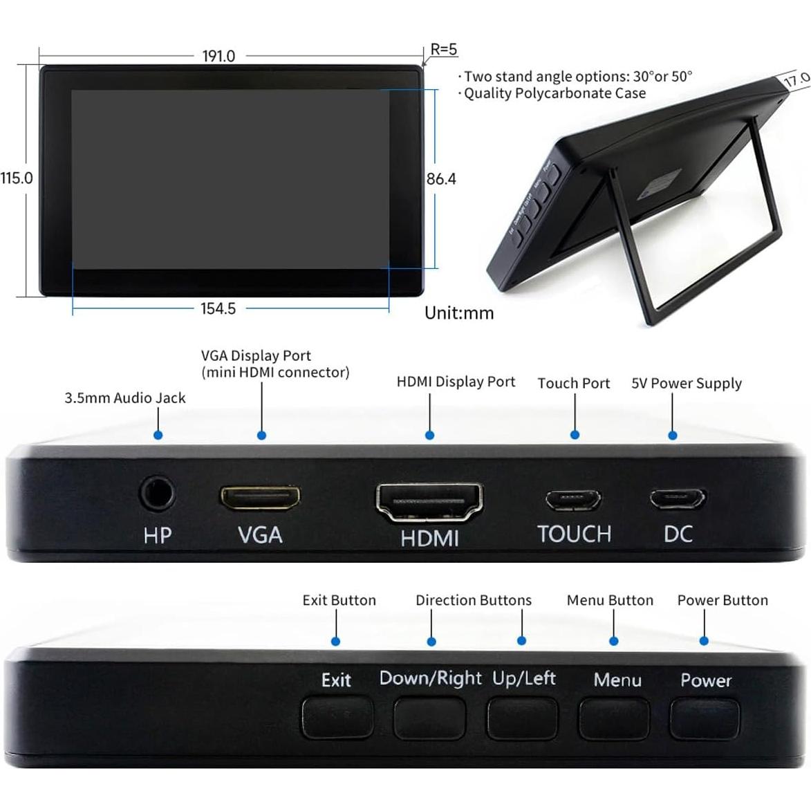 Pantalla Táctil LCD 7" Waveshare 1024x600 HDMI Compatible Raspberry Pi