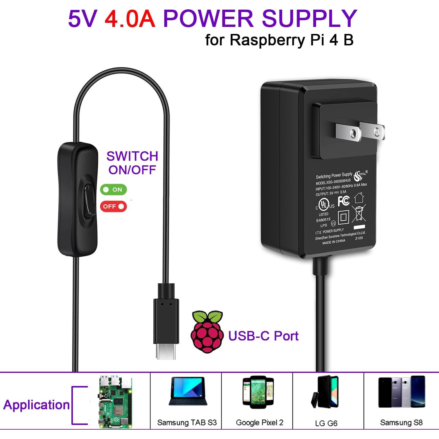 20W 5V 4.0A Power Supply for Raspberry Pi 4/ Orange Pi 5&5B, UL Listed Type C Power Supply with ON/Off Switch for Raspberry Pi 4 Model B 8GB/4GB/2GB/1GB[UL Listed]