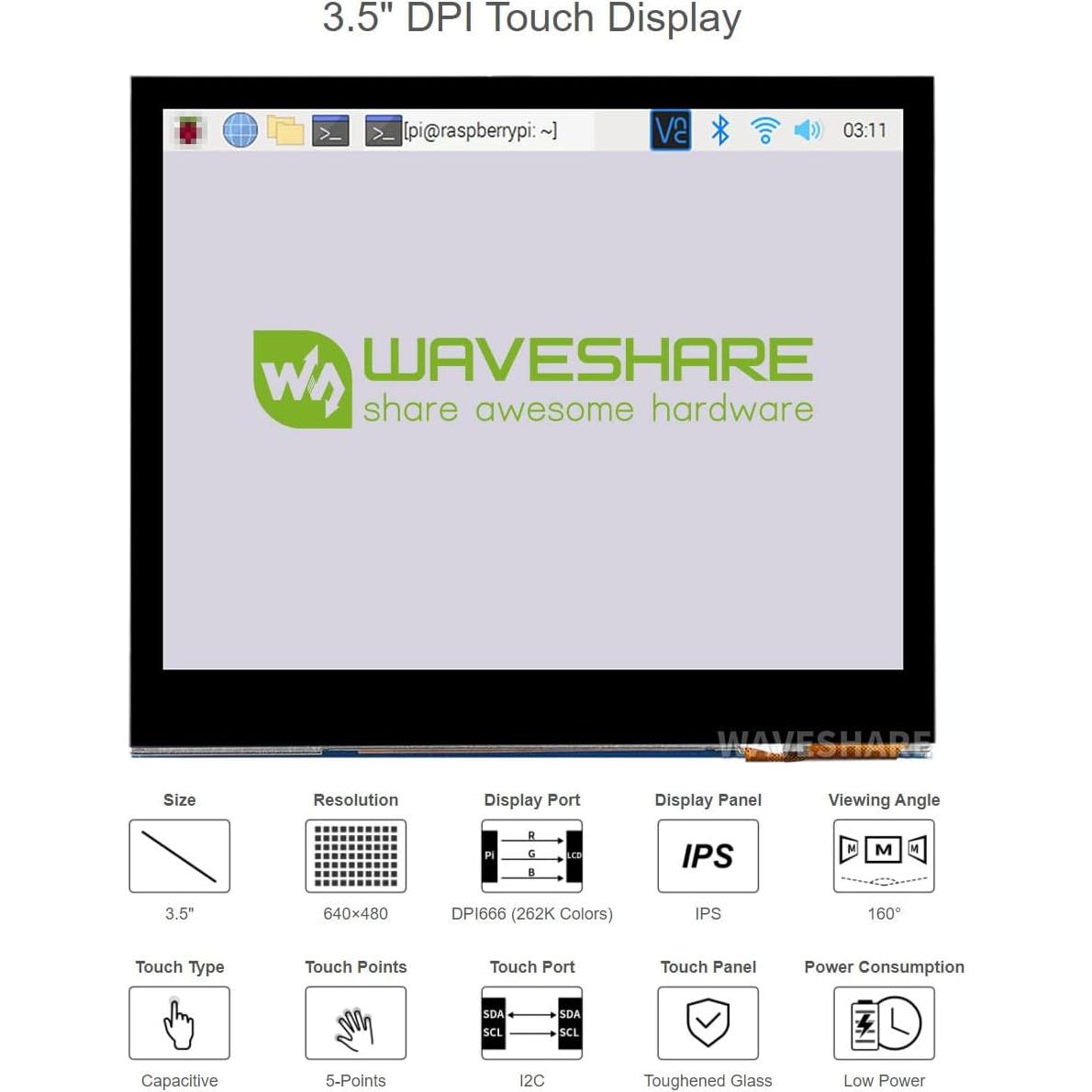 Pantalla táctil LCD 3.5" Waveshare para Raspberry Pi 640x480