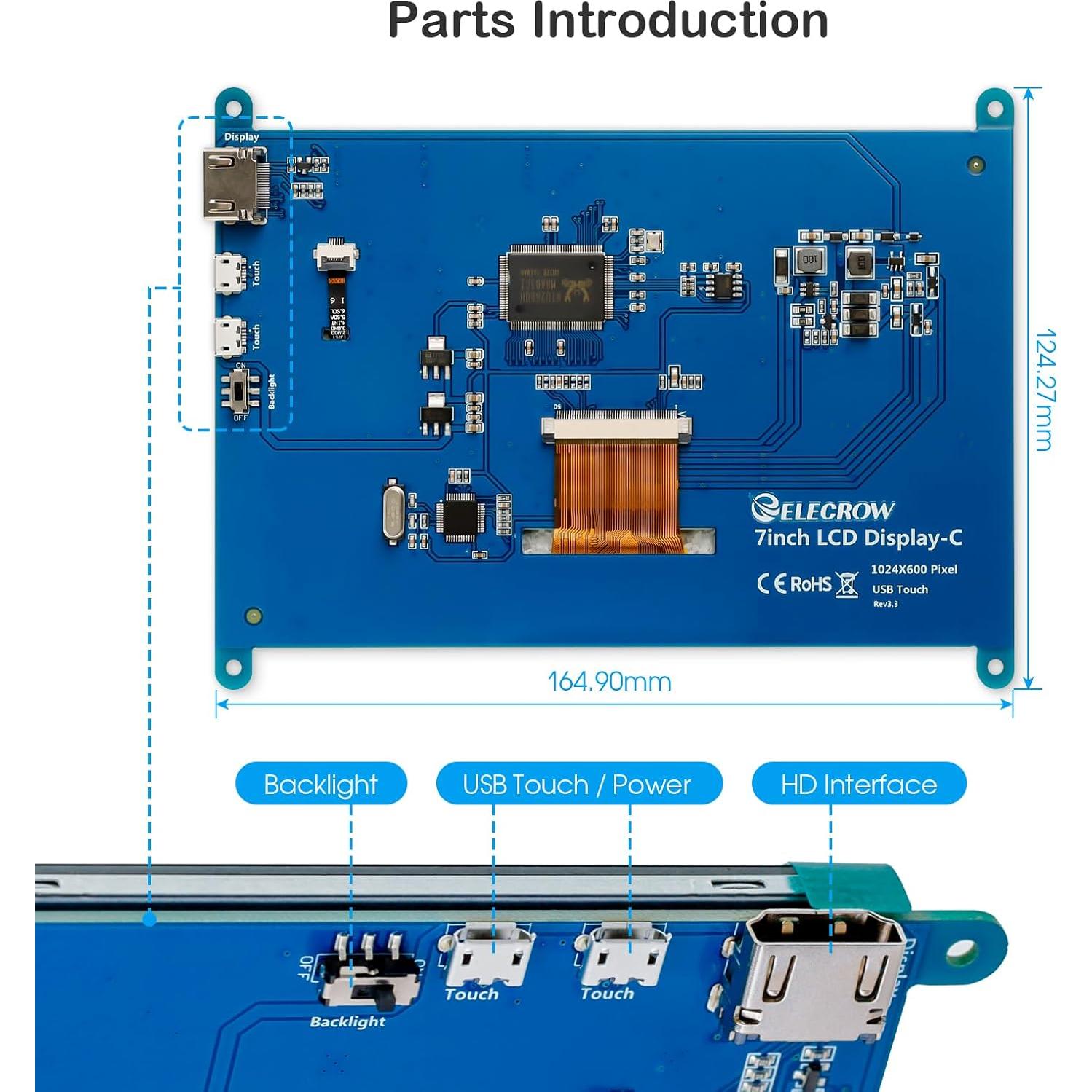Pantalla Táctil 7" ELECROW 1024x600 IPS para Raspberry Pi