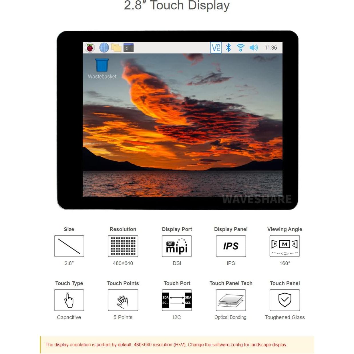 Pantalla táctil capacitiva 2.8" Waveshare DSI 480x640