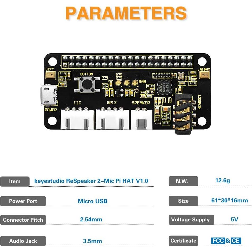 KEYESTUDIO ReSpeaker 2-Mic Pi HAT V1.0 para Raspberry Pi