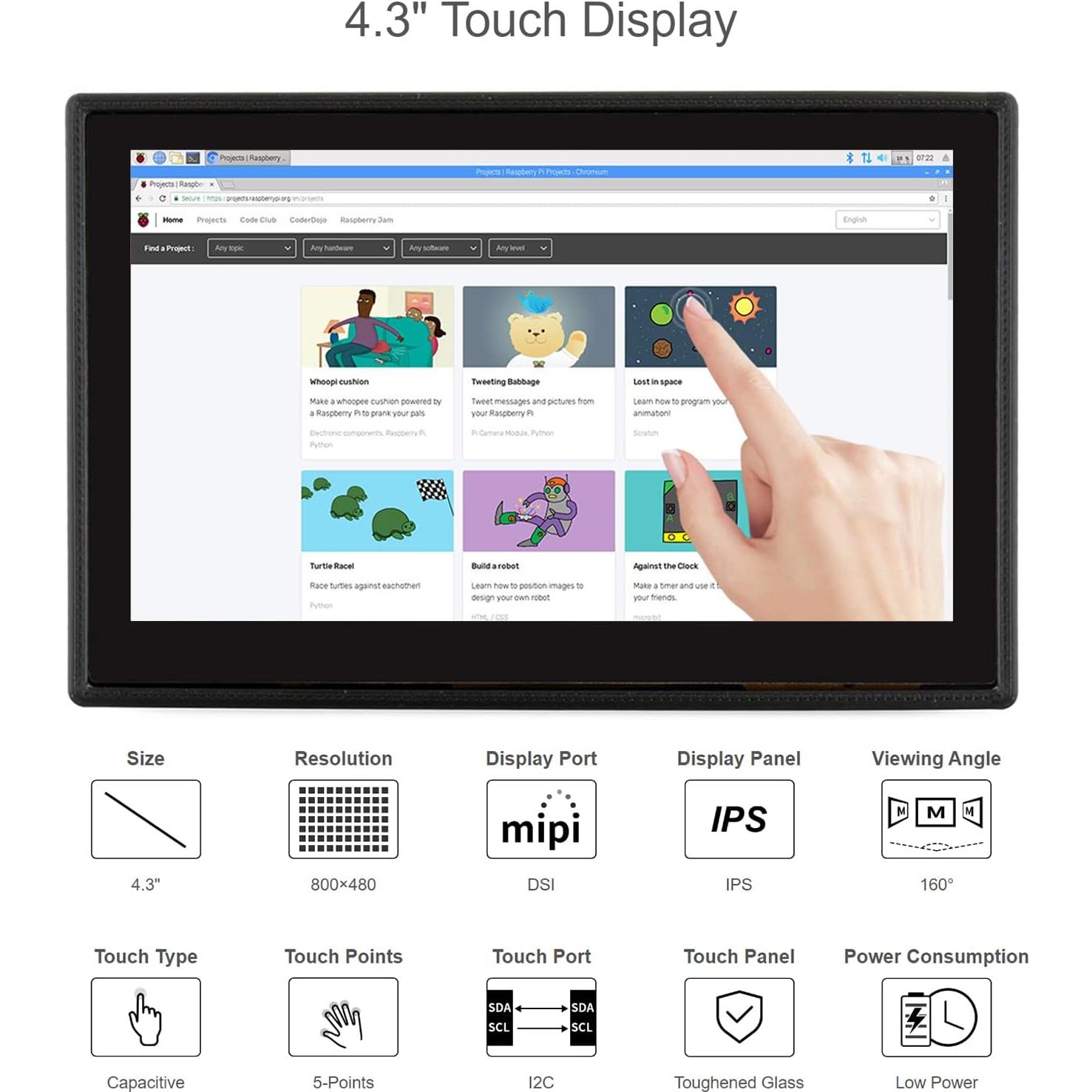 Pantalla Táctil Waveshare 4.3" DSI LCD para Raspberry Pi 4B