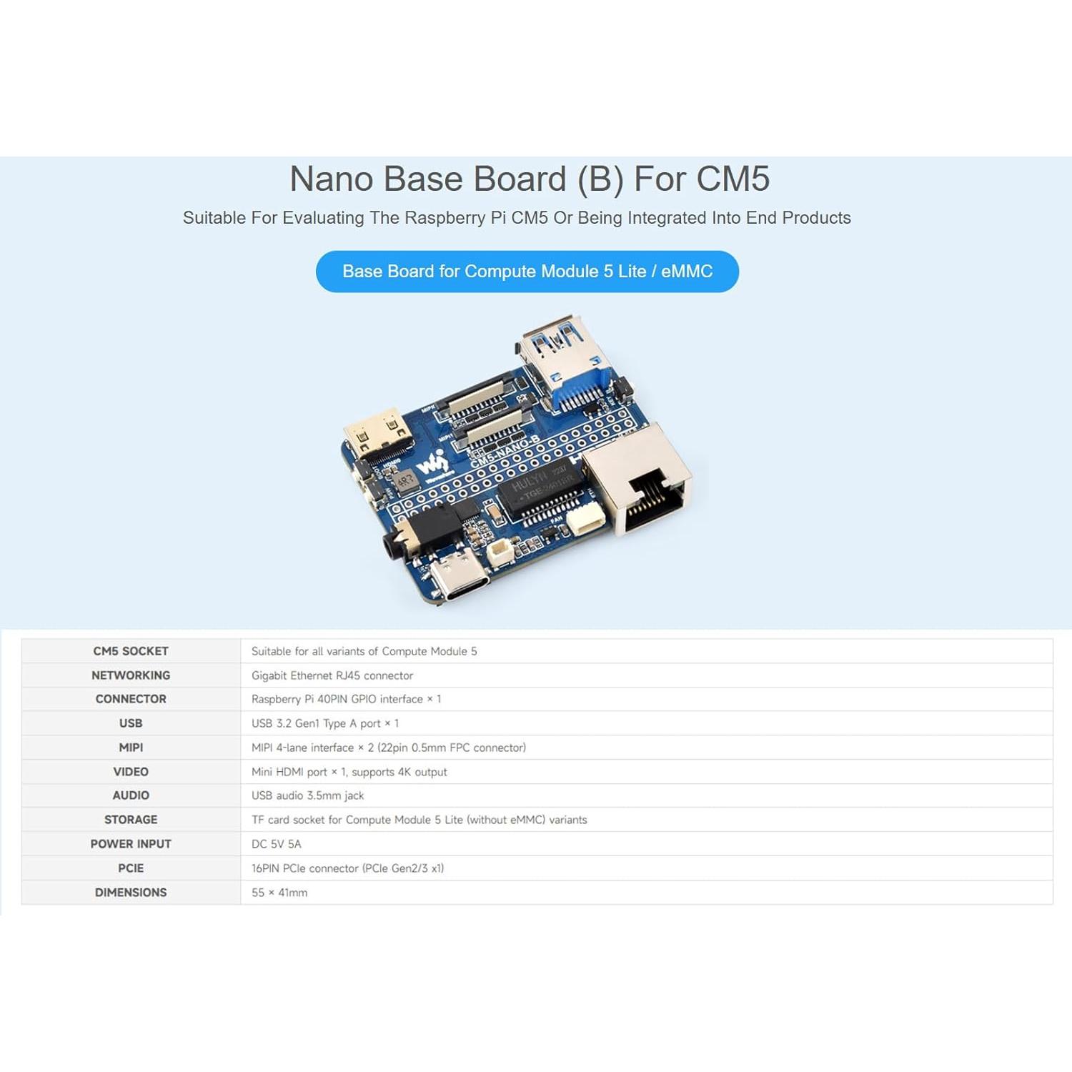 Placa Base Nano Waveshare para Raspberry Pi CM5 Lite 5.51x3.99cm