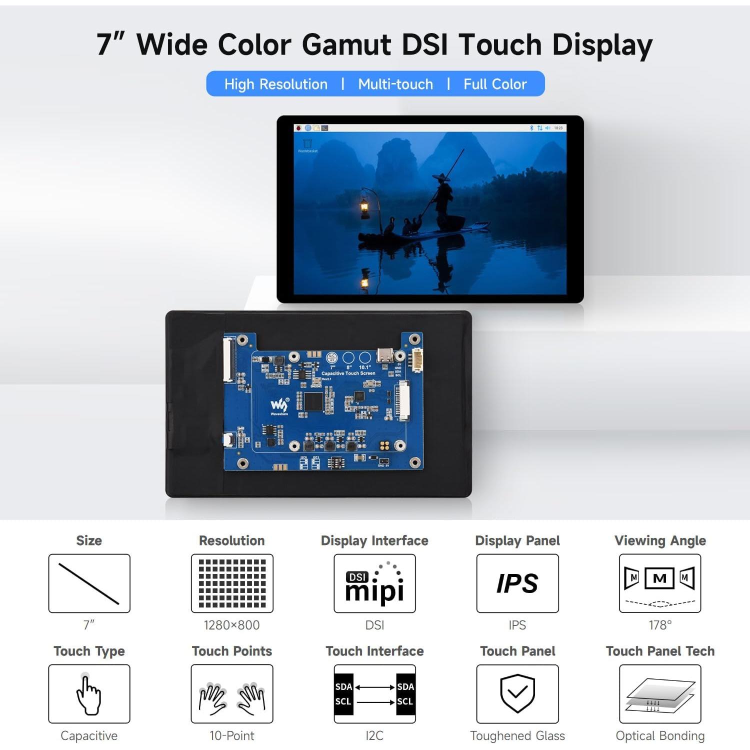 Pantalla Táctil DSI 7" Waveshare 1280x800 IPS para Raspberry Pi