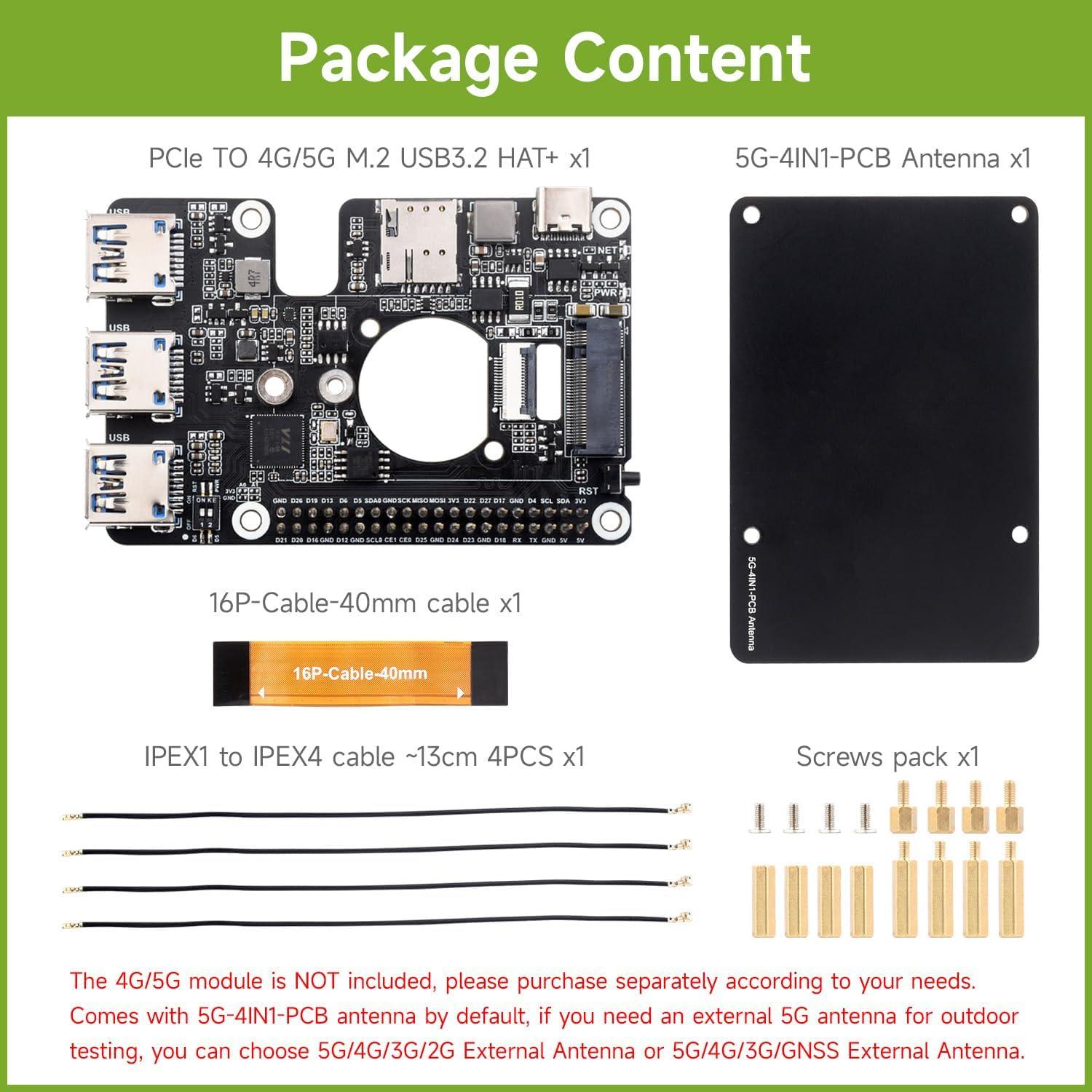 Módem Celular 4G/5G Waveshare PCIe a M.2 HAT USB 3.2