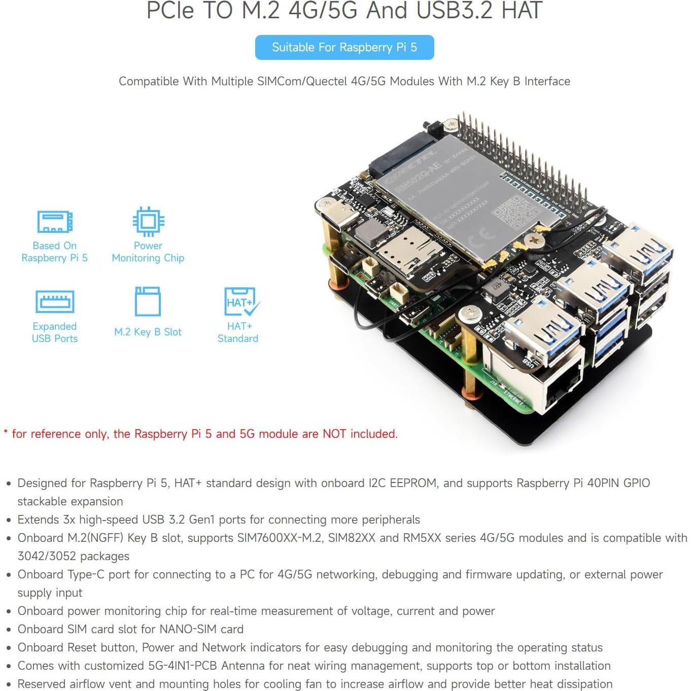 Módem Celular 4G/5G Waveshare PCIe a M.2 HAT USB 3.2