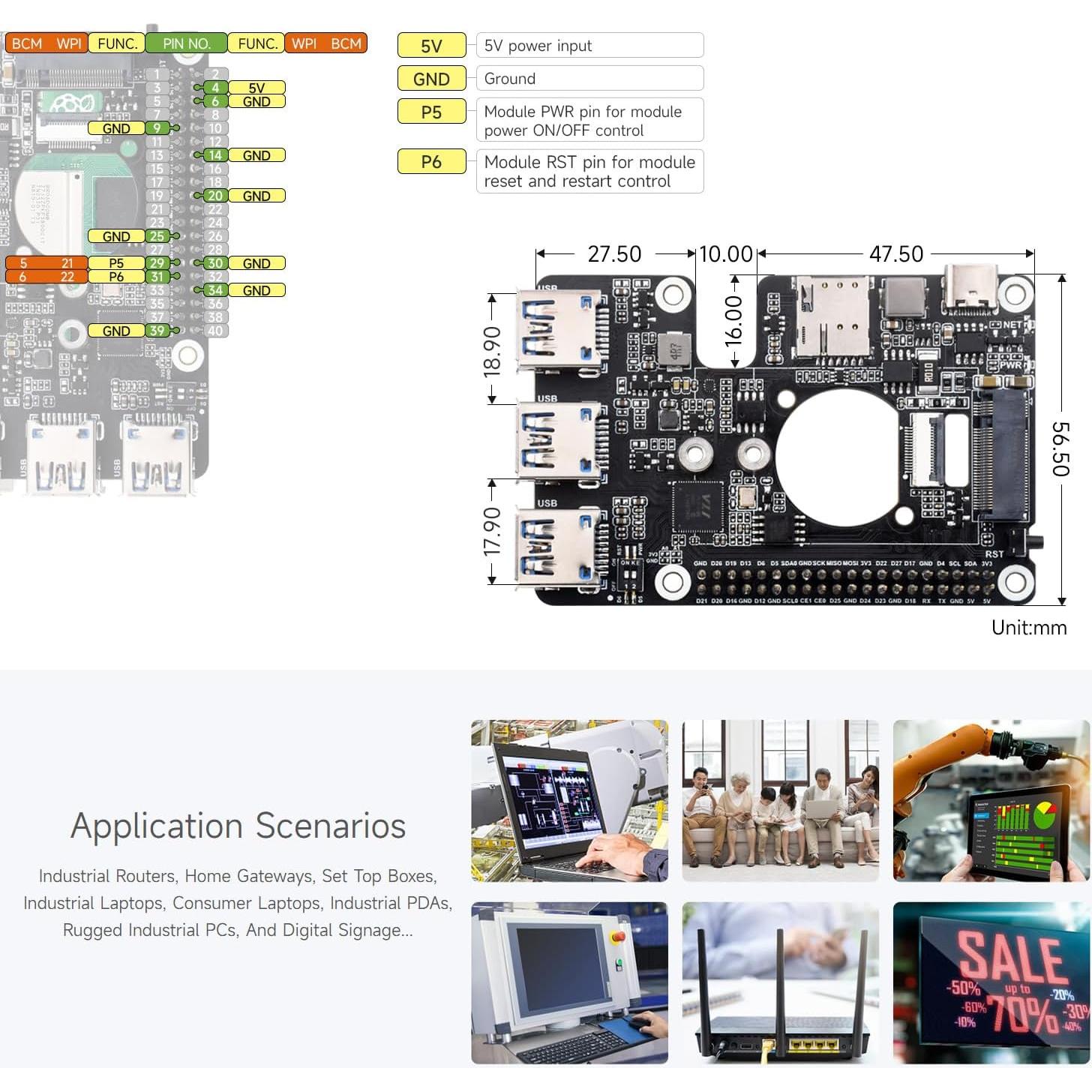 Módem Celular 4G/5G Waveshare PCIe a M.2 HAT USB 3.2