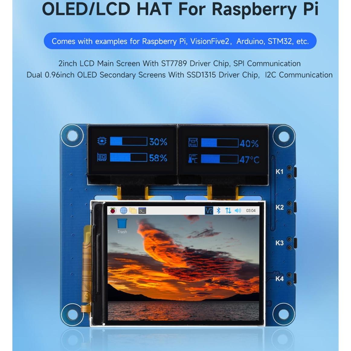 HAT OLED/LCD Wonrabai para Raspberry Pi 2" IPS y 0.96" OLED