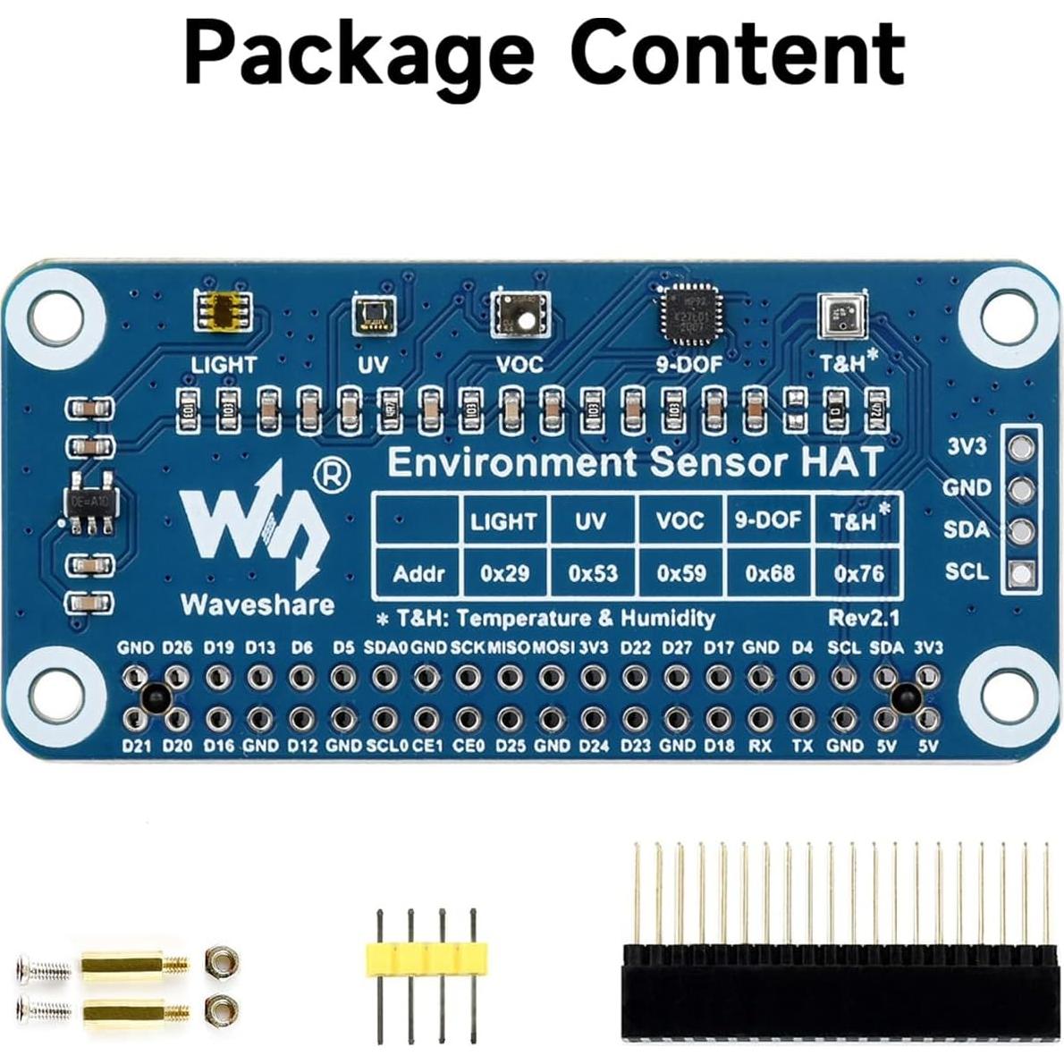 Sensor de Ambiente HAT Waveshare para Raspberry Pi - I2C, Luz, Temperatura, VOC