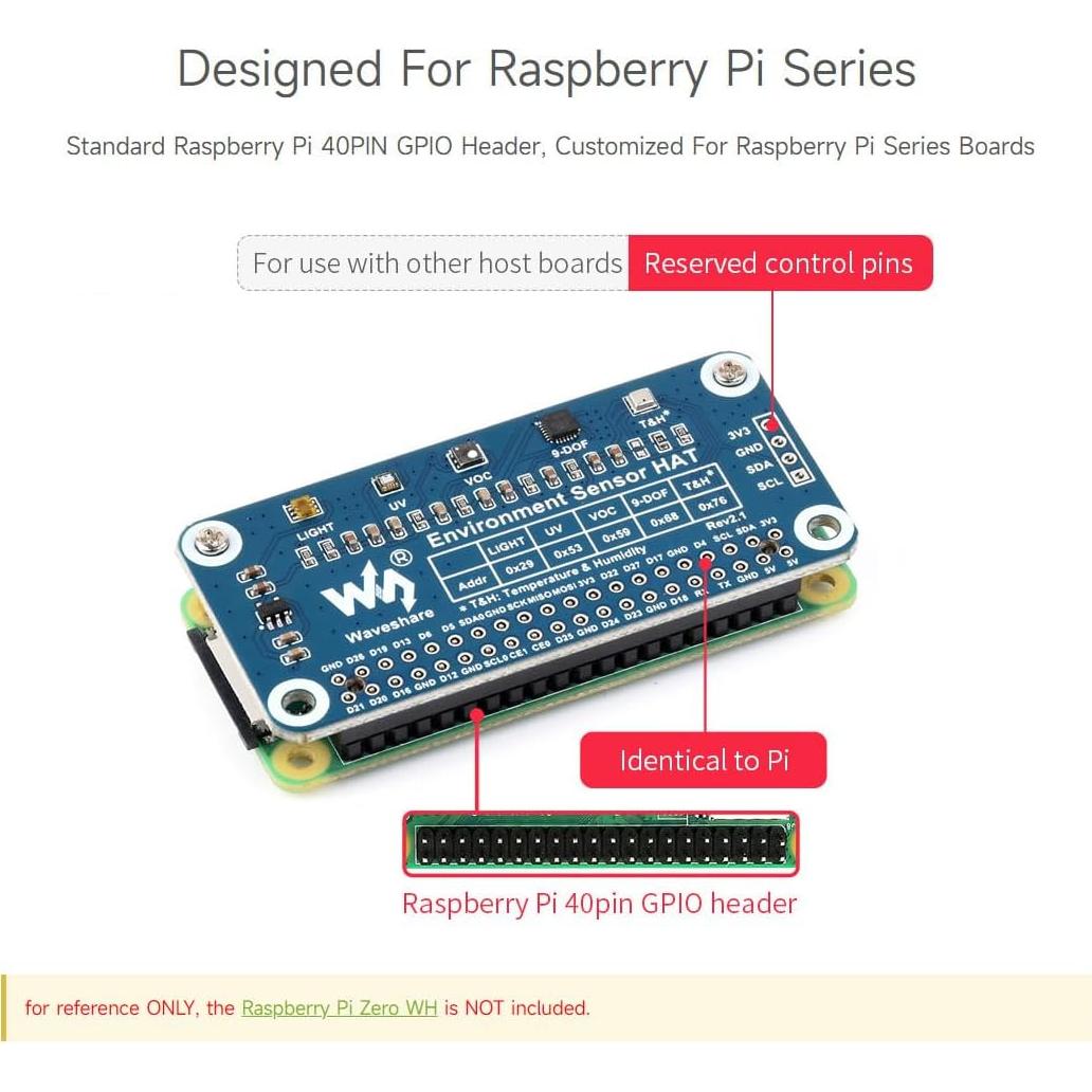 Sensor de Ambiente HAT Waveshare para Raspberry Pi - I2C, Luz, Temperatura, VOC