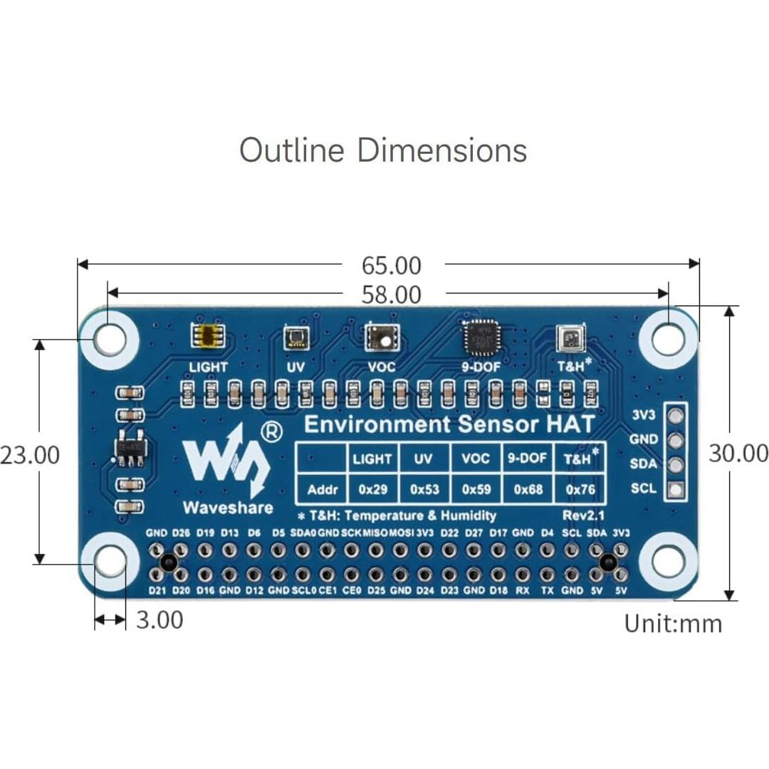Sensor de Ambiente HAT Waveshare para Raspberry Pi - I2C, Luz, Temperatura, VOC