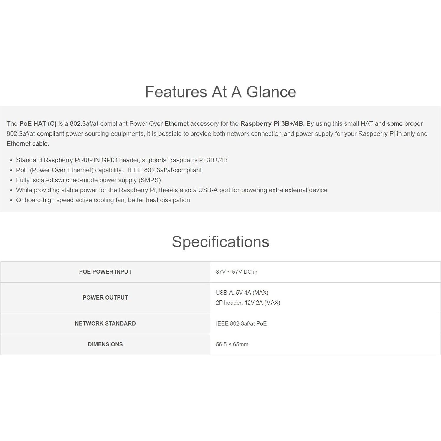Waveshare PoE HAT C para Raspberry Pi 3B+/4B, 12V y 5V