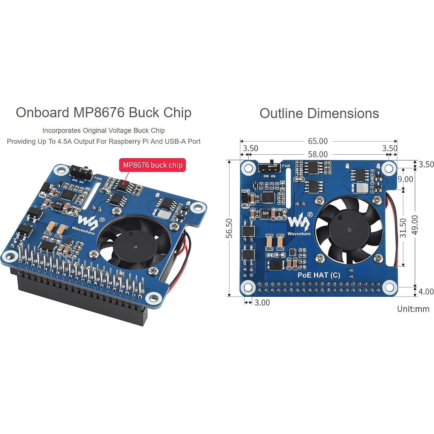 Waveshare PoE HAT C para Raspberry Pi 3B+/4B, 12V y 5V