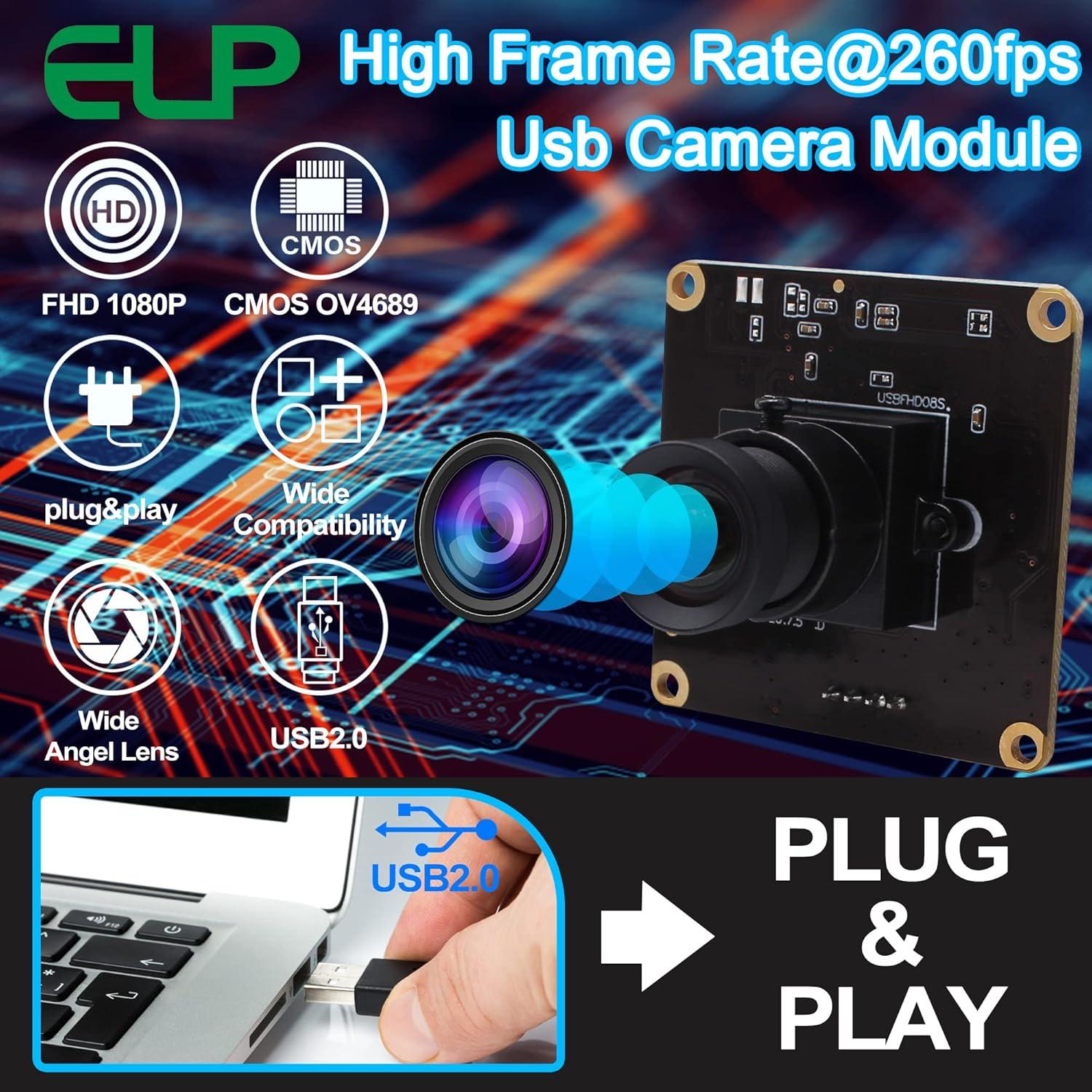 Cámara USB ELP 1080P 2MP con lente 100° y alta fps