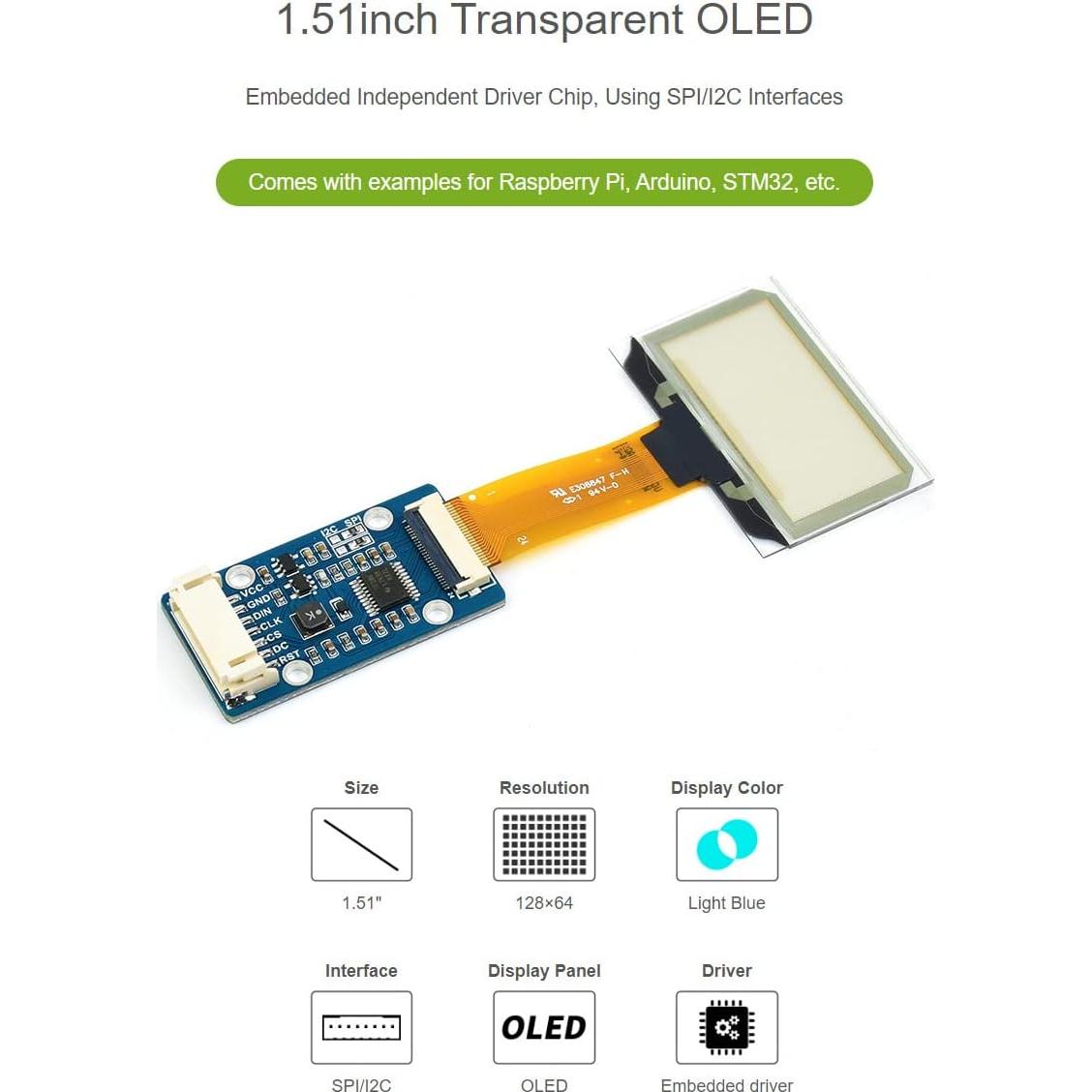 Pantalla OLED Transparente 1.51" Waveshare 128x64 SPI/I2C