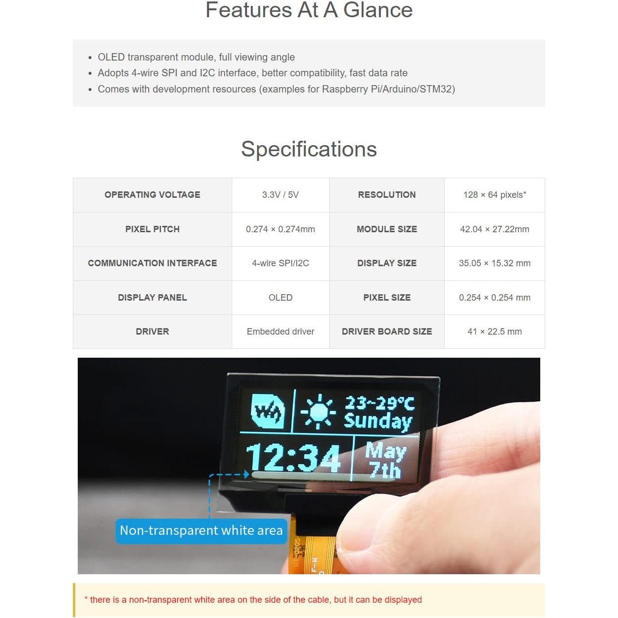 Pantalla OLED Transparente 1.51" Waveshare 128x64 SPI/I2C