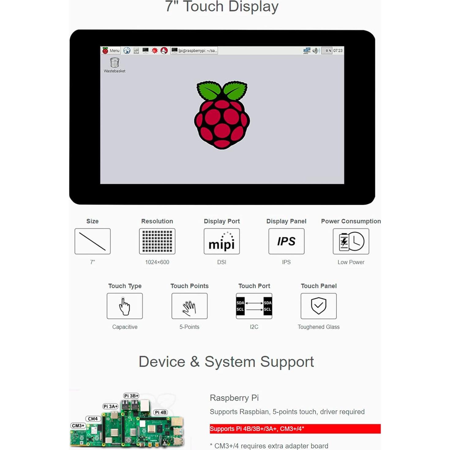 Pantalla Táctil LCD DSI 7" Waveshare 1024x600 para Raspberry Pi