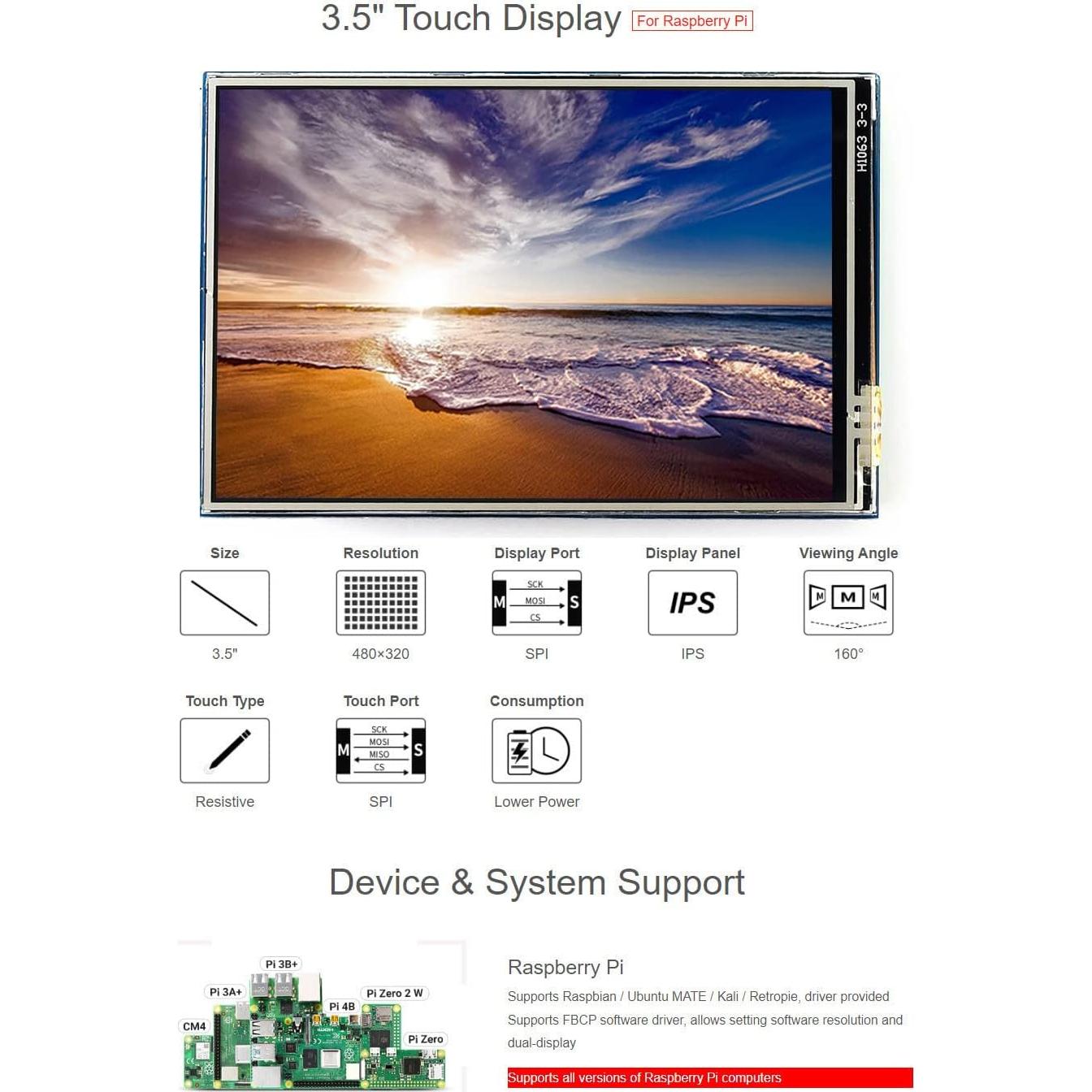 Pantalla Táctil 3.5" Waveshare para Raspberry Pi 480x320 IPS