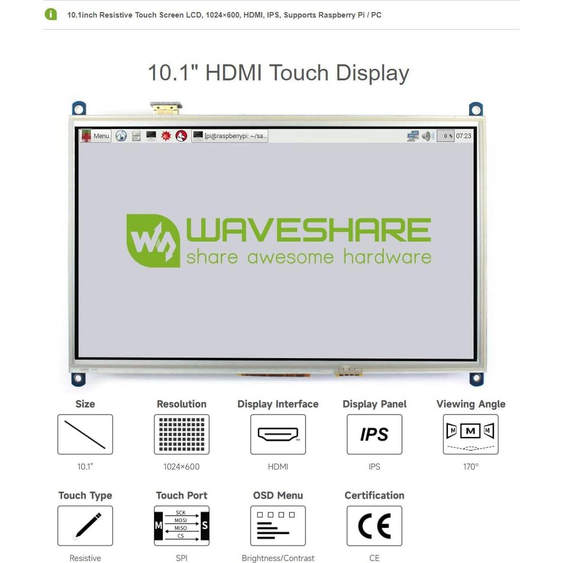 Pantalla LCD táctil 10.1" Waveshare 1024x600 HDMI Raspberry Pi