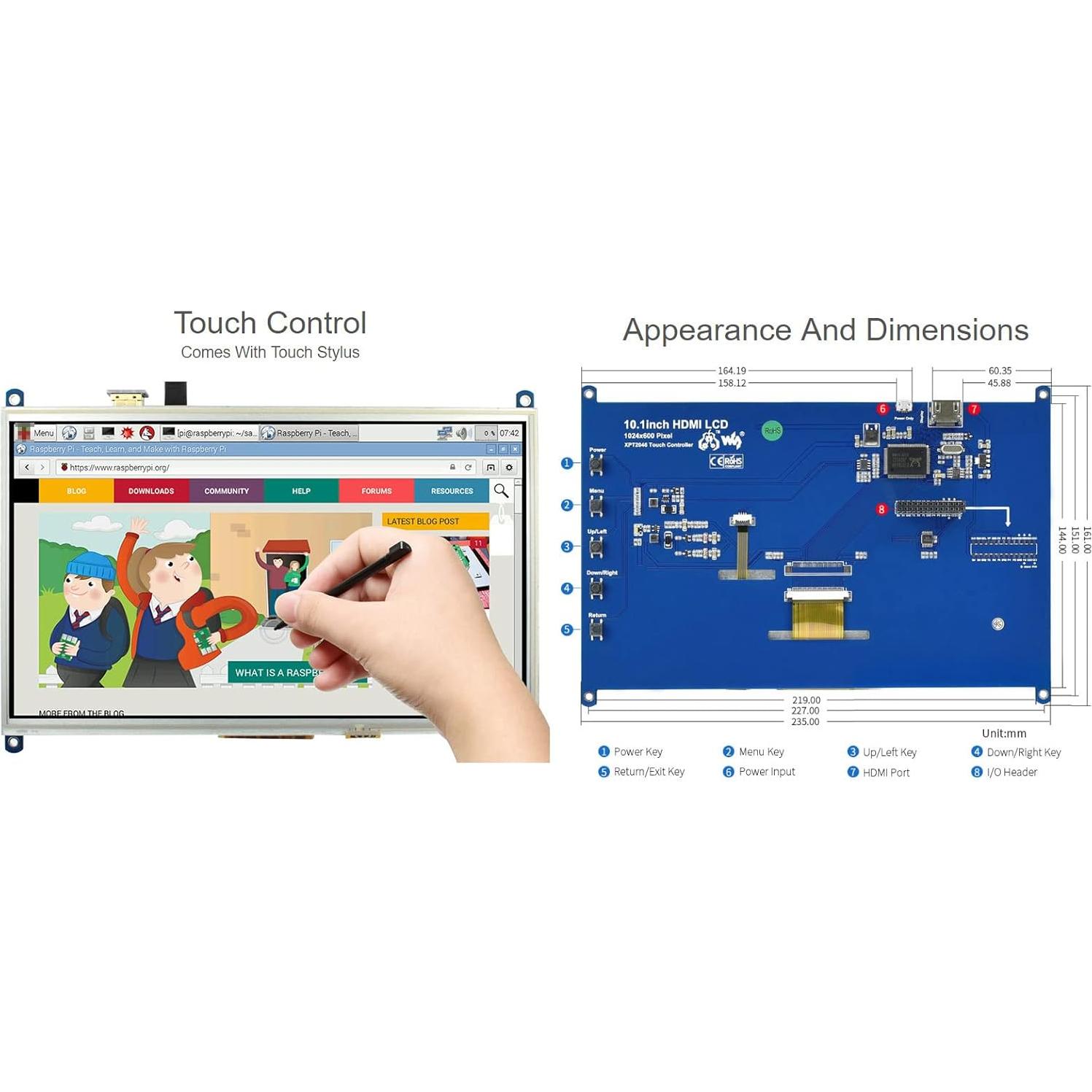 Pantalla LCD táctil 10.1" Waveshare 1024x600 HDMI Raspberry Pi