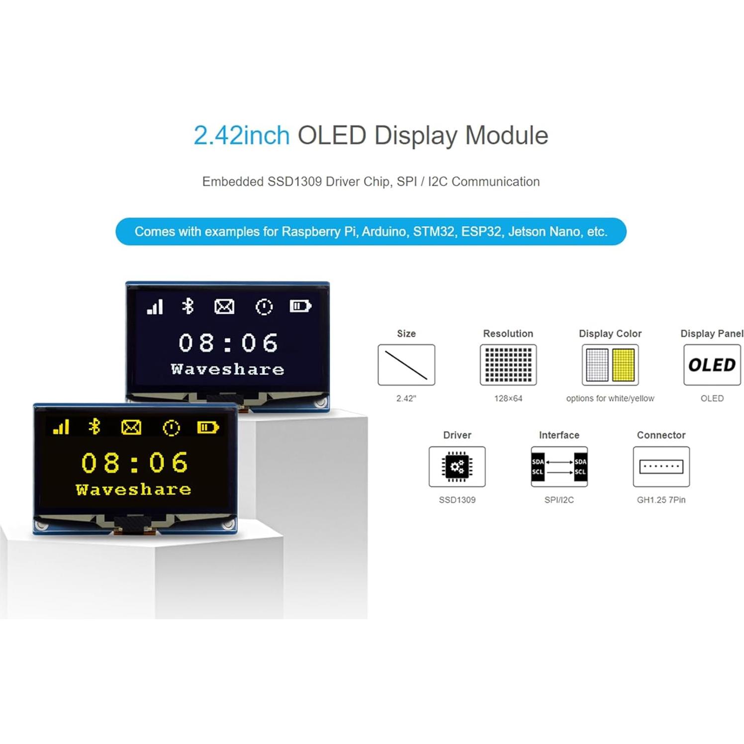 Módulo OLED 2.42" Waveshare 128x64 SPI/I2C Blanco
