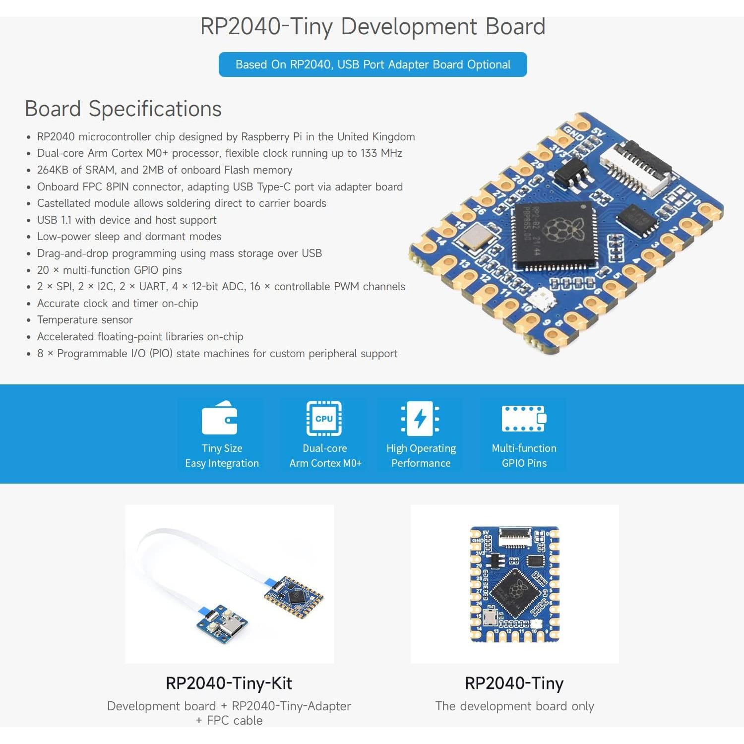 Placa de desarrollo RP2040-Tiny Waveshare con USB tipo C