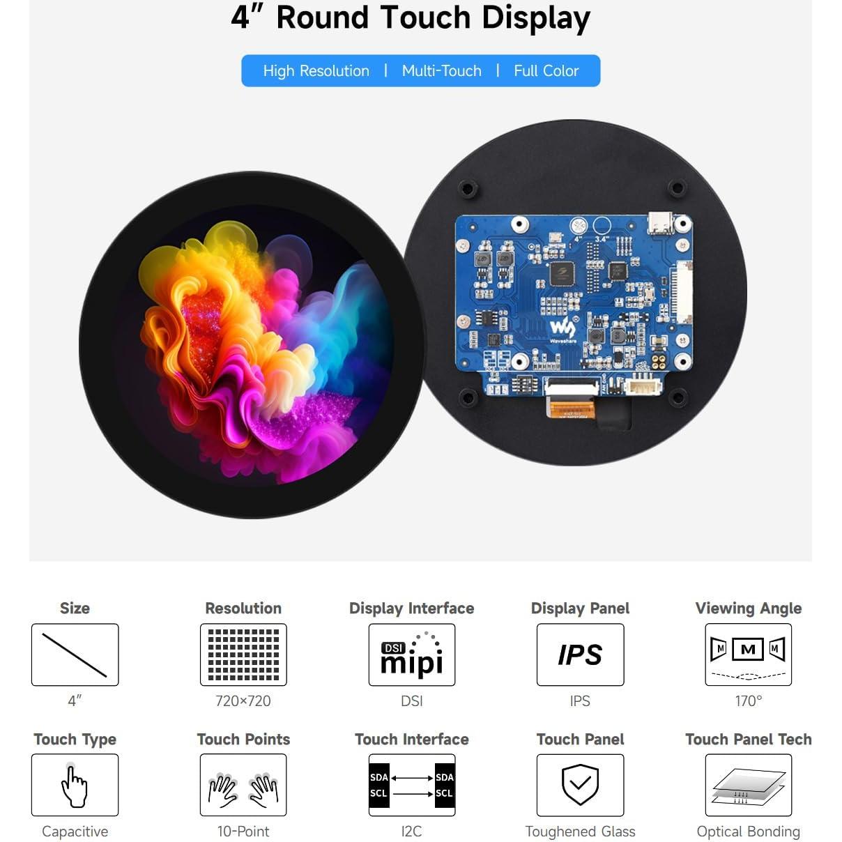 Pantalla táctil redonda Waveshare 10.16 cm 720x720 IPS